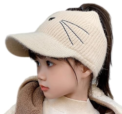 Toddlers Knit Beanie Hat for Baby Girl Winter-Warm Elastic Sports Empty-Top Ponytail Visor Cap for Tennis Running