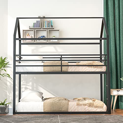 Lifeand Twin Over Twin Bunk Beds For Kids,Metal House Bunk Bed Frame With Built-In Ladder,No Box Spring Needed,Black #TOP7