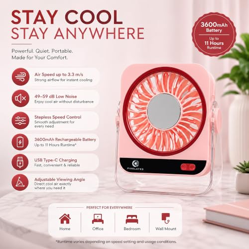 Image of Pixelated Rechargeable Fan for Home, 5 Speed Levels, 3600mAh Battery
