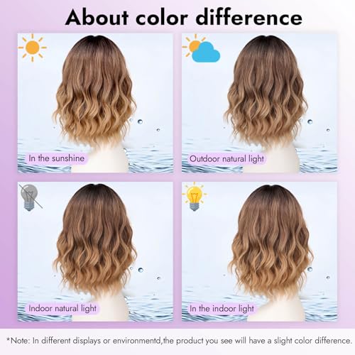 Image of Eawwii Wigs for Women Brown to Honey Blonde,Short Wavy Synthetic Lace Wig | Glueless 4x1 Lace Hairline, Heat-Resistant Fiber,Bob Wave Style,Natural Appearance for Everyday Cosplay 14 Inch