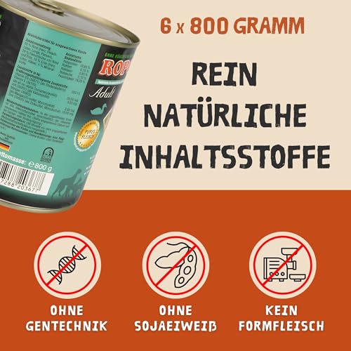 ROPODOG Hundefutter Nassfutter 6×800 g für Erwachsene Hunde Aller Rassen Premium Qualität getreidefrei, proteinreich, gut verträglich – Vollnahrung im Vorratspack (Rind & Ente)