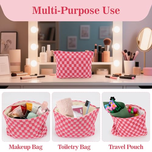 Checkered Makeup Bag - Large Cosmetic Bag for Women, Cute Cosmetic Pouch Travel Pouches for Toiletries, Makeup Brush, Purse, Large Capacity Storage Bag, Rose Red3
