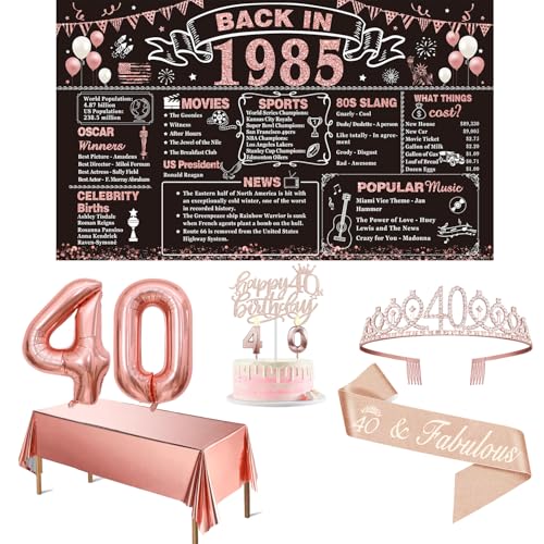 40th Birthday Decorations Woman with 40th Birthday Banner, Rose Gold Tablecloth, 40 Number Balloons, 40th Birthday Sash and Tiara, 40 Birthday Candles and Cake Topper
