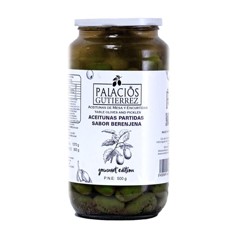 Aceitunas Partidas Sabor Berenjena, Bote de Cristal de 500 g Palacios Gutierrez