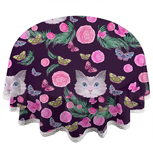 QsirBC Flower Cat 60 Inch Round Tablecloth - Durable Wrinkle Proof Polyester Table Cloth, Elegant Lace Design Decorative Table Cover for Dining Kitchen Garden Patio Banquet