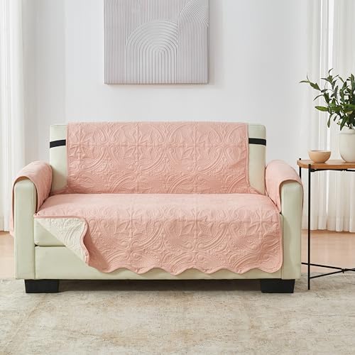 Image of Great Bay Home Reversible Loveseat Cover - Washable Slipcover Furniture Protector with Elastic Straps - Perfect for Kids & Pets - Quilted & Stitched Detail (Dusty Rose /Taupe)