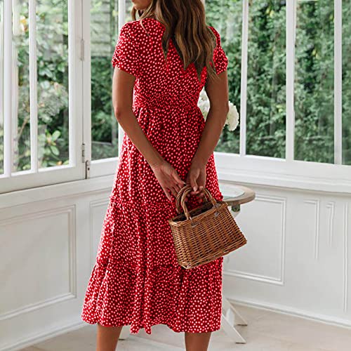 A-466 Vestidos femininos de chiffon com gola quadrada vermelha outono verão manga curta maxi longo a