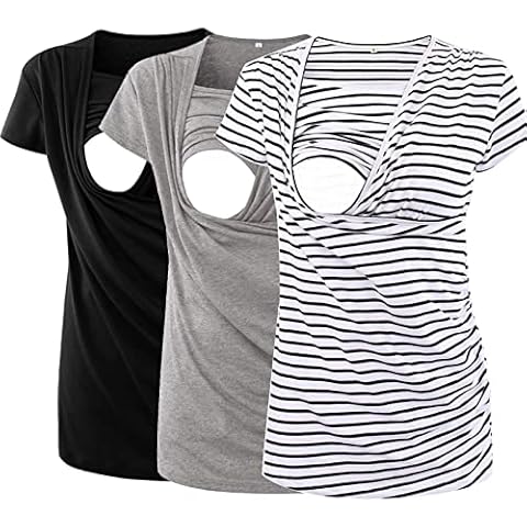 Ecavus 3PCS Women's Maternity Nursing Tops Short & Long Sleeve Side Ruched Breastfeeding Shirt, Light Grey/Black/White Black Stripe, Small Cover