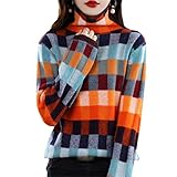 Kelsiop 100% lana merino suéter de mujer moda tablero de ajedrez top punto cuello alto jersey otoño invierno, multicolor, XXL