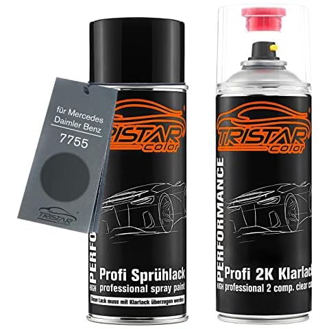 TristarColor Car Paint 2K spray can set for Mercedes/Daimler Benz 7755 Tenorite Grey Metallic/Gris Tenorite Metallic Base coat 2K clear coat spray can Cover