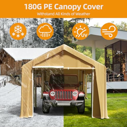 GAOMON 10x20 Ft Carport Heavy Duty Canopy, Portable Garage with Removable Sidewalls Doors & Windows, All Season Waterproof Tarp Outdoor Storaeg Shed for Car Truck Boat Party, Khaki by GAOMON - Used condition - Image 3