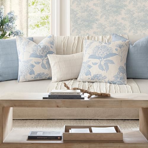 Image of Foindtower Set of 2 Linen Floral Vintage Throw Pillow Covers Neutral Accent Decorative Cozy Cushion Covers Farmhouse Boho Home Decor for Sofa Chair Couch Bedroom Living Room,22x22 Inch,Sky Blue