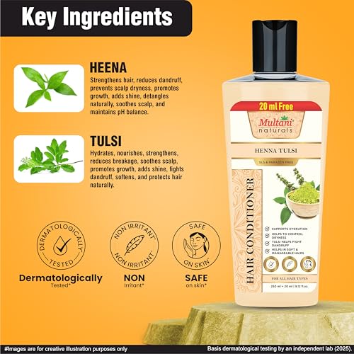 Image of Multani Naturals Henna & Tulsi Shampoo 270 ml + Conditioner 270 ml Combo | Ayurvedic Hair Care for Silkier, Fuller-Looking Hair | Helps Control Frizz & Dandruff | SLS & Paraben Free | Dermatologically Tested