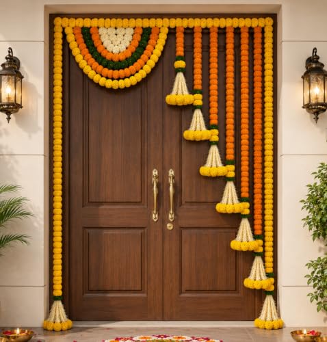Image of Rajasthan Kraft Marigold Door Toran 65x40 Inch, Artificial Flower Bandanwar for Main Door Entrance| Festive Wall Hanging Decor for Diwali| Wedding, Pooja|(Yellow,Orange Flower and Tuberose Tassels)