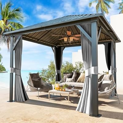 Jolydale 10FTx10FTHardtop Gazebo, Galvanized Steel Outdoor Aluminum Single Top Pavilion, Permanent Metal Gazebo with Netting and Curtains, for Patio, Backyard and Deck…