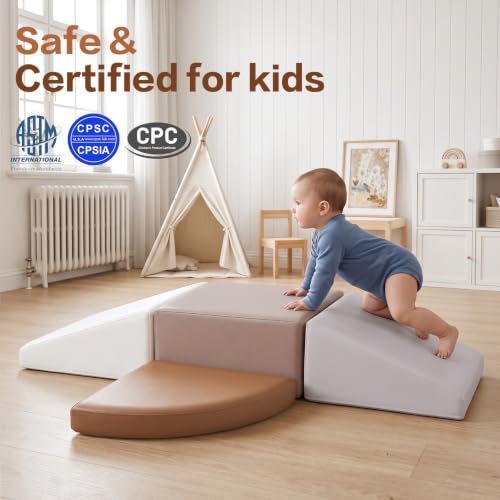 Image of Sumbababy Toddler Climbing Toys Indoor 4 Piece Foam Climbing Blocks Wipe Clean Leather Soft Play Climbing Set for 1 Year Old Beginner Climber Nursery Playroom Neutral Tones