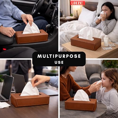 Image of LEEZEL| Tissue Box Holder with 100 Pulls Cotton Rags Tissue | Handcrafted Fine Leather - Like Finish | for Gifting, Office Desks, Cars & Home Decor | Durable & Water Resistant. (TAN)