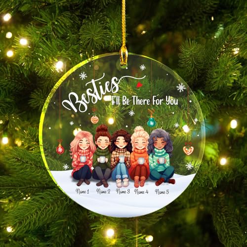 Besties I’ll Be There for You Clear Plastic Ornaments, Christmas Decorations Personalized Name Five Girls Wear Sweater with Hot Chocolate Cup Acrylic Ornaments, Gifts for Sister Friends Siblings