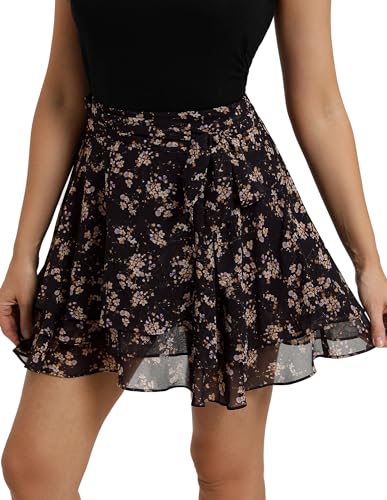 Belle Poque Women's Flowy Ruffle Mini Skirt with Shorts Underneath Elastic Waist Boho Skirt Floral Mini Skirt Summer Trendy 2026 Brown Flowers Print L