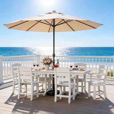 DWVO 8 Pcs HDPE Patio Dining Set with 13ft Umbrella, All-Weather White Outdoor Table and Chairs for 6, Heavy Duty Rectangle Pool Deck Furniture for Lawn, UV Resistant Outdoor Dining Set for Backyard