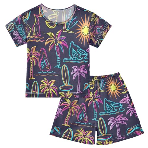 senya Short Sleeve Pajamas Sets Summer Cotton Sleepwear Colorful Neon Palm Trees