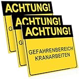 PRINTIMA 3x Schild ACHTUNG! GEFAHRENBEREICH KRANARBEITEN 40x30 cm – PVC – Inkl. Befestigung – Warnschild für Baustellen, Industrieflächen & Hebebereiche