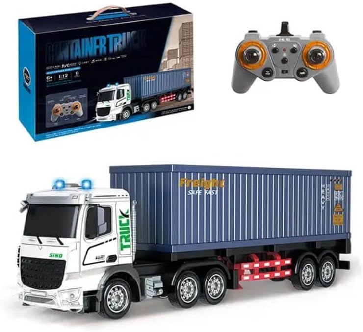 Avarin Professional 1:12 Alloy Container Trailer Remote Control Truck, 2.4GHz 9-Channel RC with Working Lights, Music and Rechargeable Battery Power