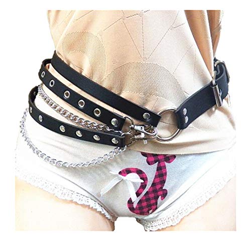 Black Sugar Femme Fille Déguisement Bretelle Ceinture Noir Pu Solide Anneaux Jarretière Harnais Corp Cuisse Jambe Gothique Punk Rock Chaine Acier Lanière Ruban Cuir (Modèle Triple lanières)