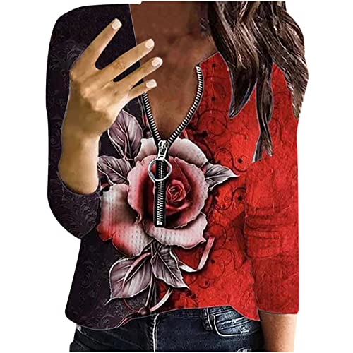 Hatoys Long Sleeve Shirts for Women O Neck Zipper Bust Pullover Pink Blossom Print Oversized Sweatshirt Tunic Blouse
