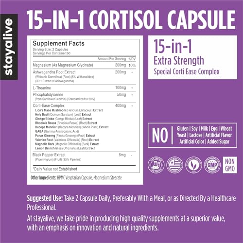 Image of STAY ALIVE Cortisol Manager Supplement 15-in-1 Complex w /L-Theanine, Ashwagandha, Magnesium Glycinate, Phosphatidylserine and more, 120 Veg Capsules, Non-GMO & Gluten-Free Formula for Women and Men