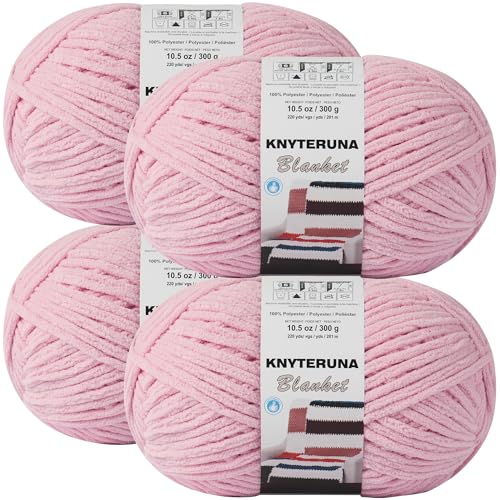 Knyteruna #6 Super Bulky Blanket Yarn for Crocheting - 4 Skeins(Each 10.5oz/300g 220yds/201m) Chunky Chenille Thick Plush Big Soft Yarn for Crocheting Knitting Blankets Pink