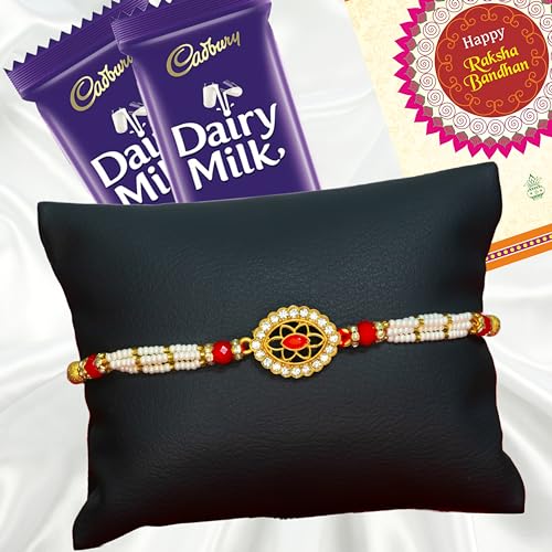 Image of Canton Rakhii Gift for Brother with Chocolate - Designer Rakhi for Brother with Cadbury Gift Hamper Pack, Roli Kumkum & Greeting Card (Design-10, 1 Rakhi + Cadbury)