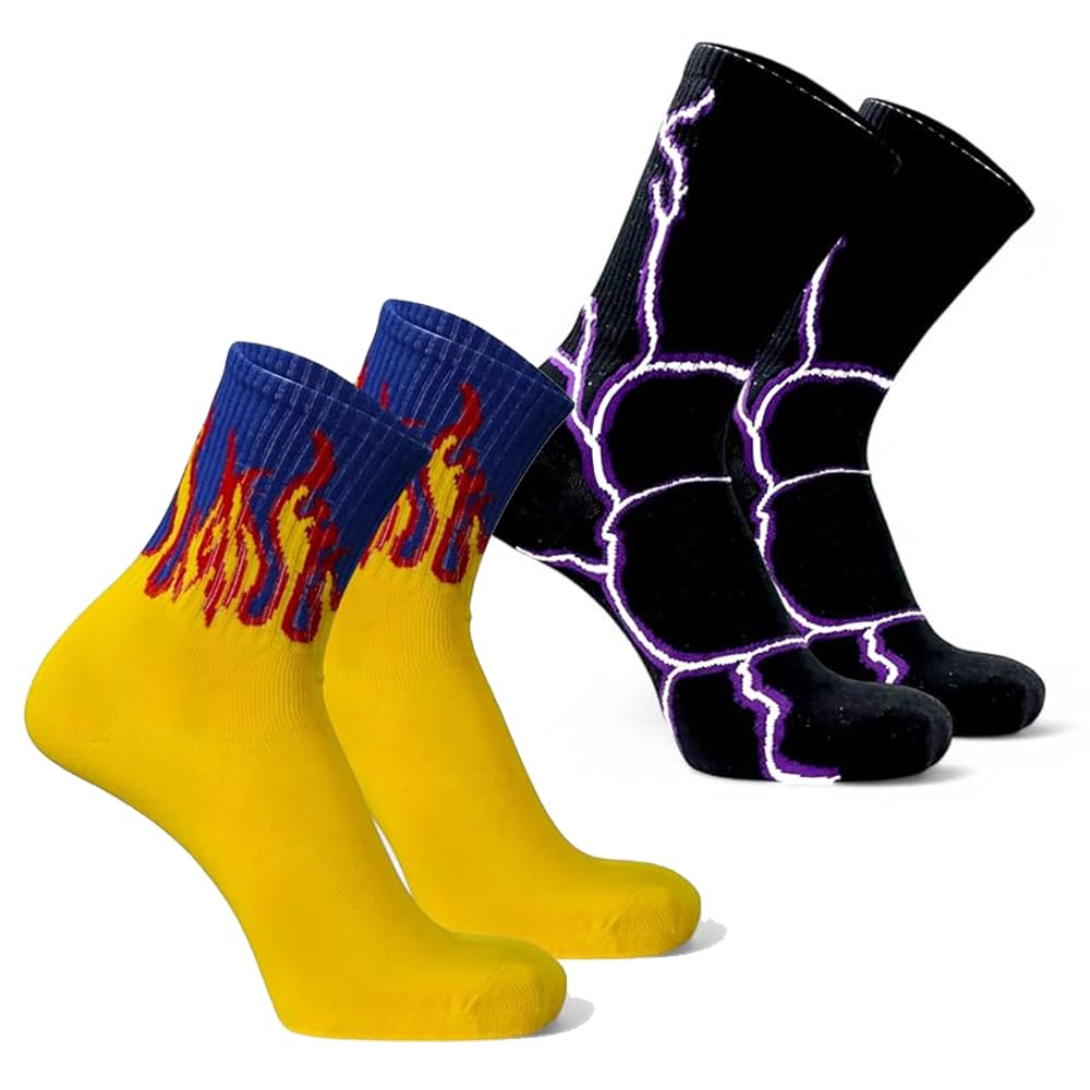 bear & beyond Flame & Lightning Crew Socks for Men & Women | Trendy Street Style Cotton Socks | Breathable Casual Fashion Socks | Soft Stretch Long Crew Socks for, Sports & Sneakers 2 Pair-picture-16