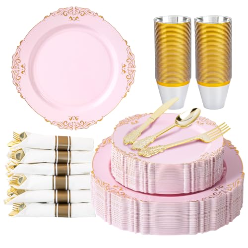 Pryntono 350pcs Gold Retro Dinnerware Sets Disposable, 50 Guests Heavy Duty Plastic Cutlery Sets, 100 Disposable Plates, 150 Silverware, 50 Cups, 50 Napkins for Wedding & Party, Pink Pryntono 350pcs Gold Retro Dinnerware Sets Disposable, 50 Guests Heavy Duty Plastic Cutlery Sets, 100 Disposable Plates, 150 Silverware, 50 Cups, 50 Napkins for Wedding & Party, Pink