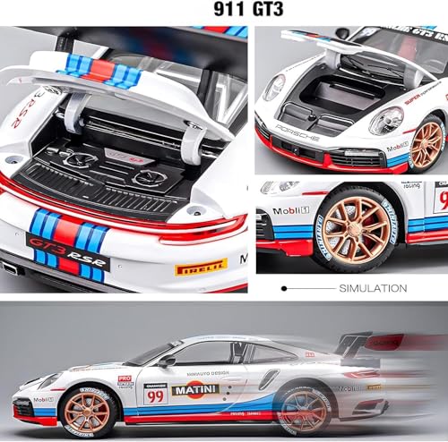 Image of 1:32 911 GT3 RS RSR Turbo S Matini Diecast Model Cars for Kids,Pull Back Car with Light,Sound and Arcylic Sheet Frame for Safety Sports Race Car for Boys Age 4-7 Gifts White Blue