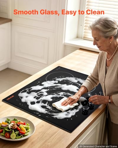 Image of VEVOR Electric Cooktop 24inch 4 Burners Stove Top 6000W 220V No Plug, Ceramic Built-in Radiant Electric Stove, with 11 Power Levels, Over-Heat Guard, Knob Control, for Diverse Cooking Requirements