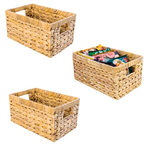 M4DECOR Cestas de almacenamiento de jacinto de agua, cesta rectangular de mimbre con asas integradas, cestas tejidas medianas para almacenamiento (3 paquetes medianos)