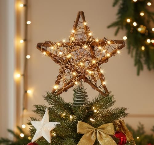 Anstore Weihnachtsbaumspitzen Stern, Rustikale Rattan Stern 30x25x5cm...