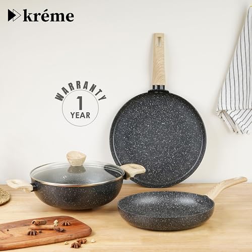 Image of Kreme Venetia Premium Granite Non-Stick 4 Pc Cookware Set | 24cm /2.5L Kadai with Lid 24cm /1.4L Frypan, 28cm Dosa Tawa | Granite Coating | Induction & Gas Stove Use | Healthy Low-Oil Cooking, Grey