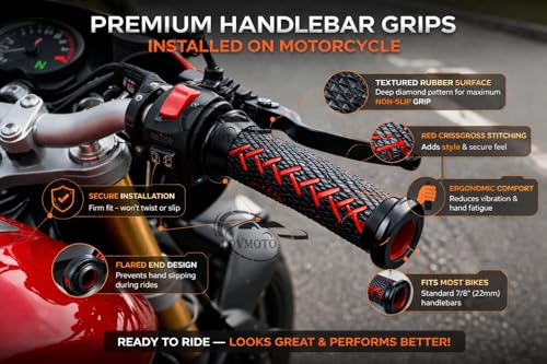 Image of Premium Motorcycle Handlebar Grips with Anti-Slip Rubber Texture & Red Stitching | Universal 22mm Bike Handle Grip | Comfortable, Vibration Resistant & Stylish Design