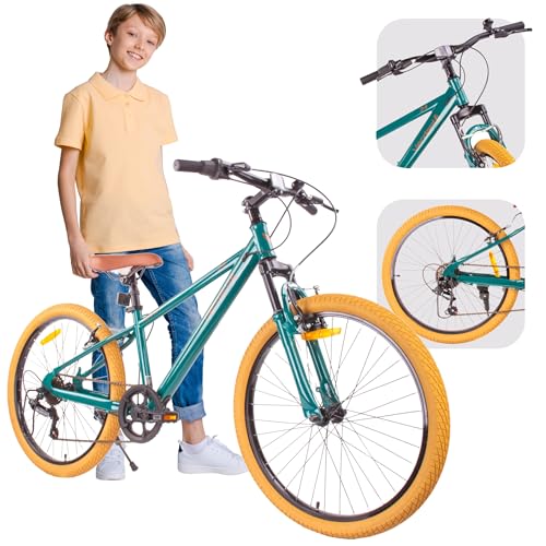 Verdant Kinderfiets voor jongens 24 inch, Lichtgewicht Fiets voor kinderen van 8 jaar met V-brakes, schokdemper, bel, zijstandaard (Groen met schokdemper)