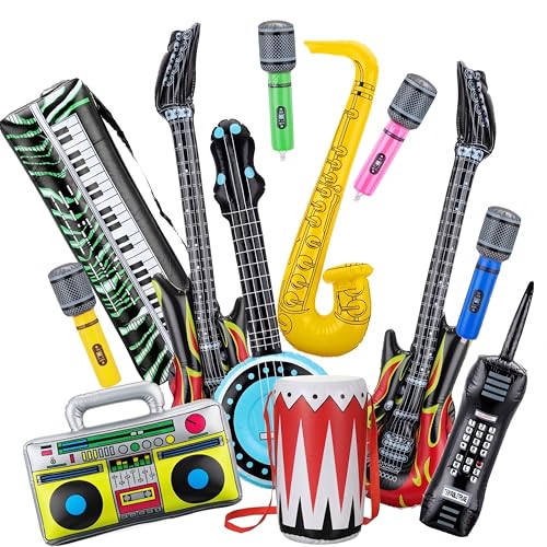 12 Pieces Inflatable Instruments Party Props Rock Star Toy Set Blow Up Guitars Inflatable Saxophone Bass Lute Microphones Mobile Phone Recorder Piano for 80s 90s Themed Party Photo Booth Decorations