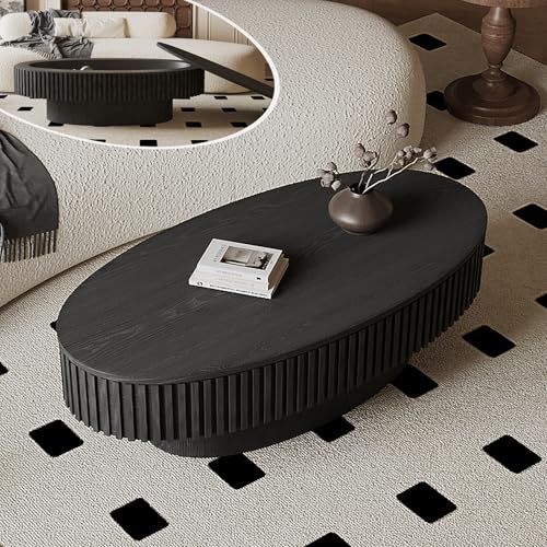 Image of FGXJY Oval Coffee Table with Storage, Modern Black Coffee Table with Solid Wood Veneered, Fluted Center Table Wood Drum Tea Table for Living Room Apartment, 47.2
