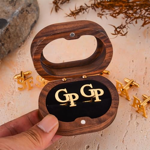 Custom Name Initial Cufflinks for Men,Gold Plated Monogram Cuff Links with Wood Box,Perfect for Wedding,Groomsmen, Best Man Gift3
