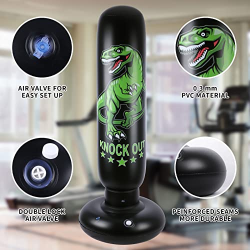 Dinosaur Punching Bag For Kids - 63 Inch Inflatable Boxing Bag With Gloves - Children Sports Toys Exercising Boxing Set For Training Karate And Taekwondo - Freestanding Tumbler Bounce Back New 2022 #TOP3