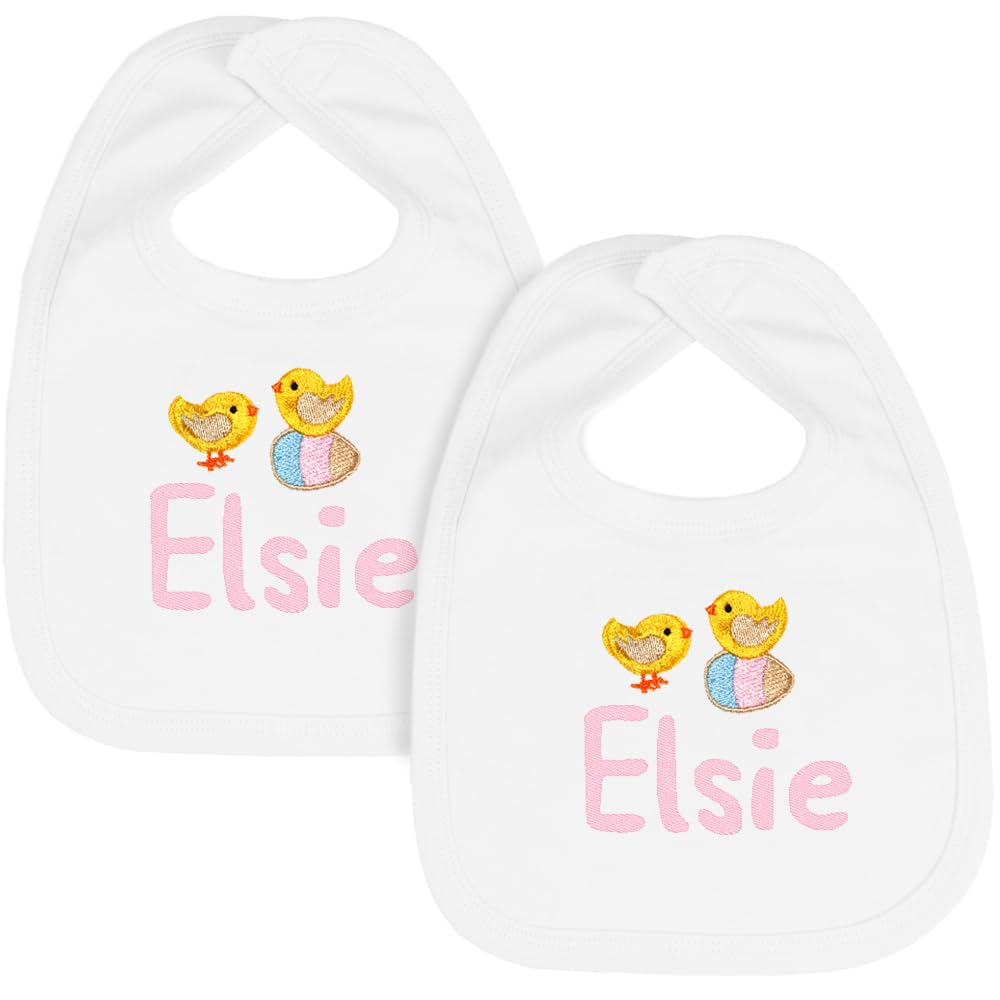 TeddyT's Personalised Baby Easter White Cotton Bibs (2 Bibs) (Pink Embroidery)
