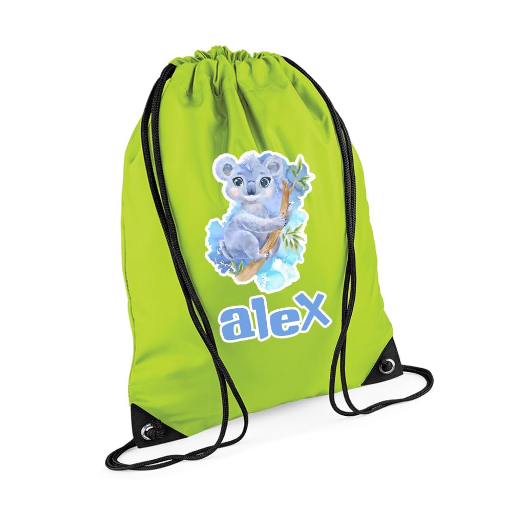 Getagift Personalized Cute Watercolour Koala Drawstring Bag for Kids, Back to School, Waterproof Sports Backpack, PE Kit Bag, Gym and Swimming Bag, Sport Rucksack. (Lime Green)