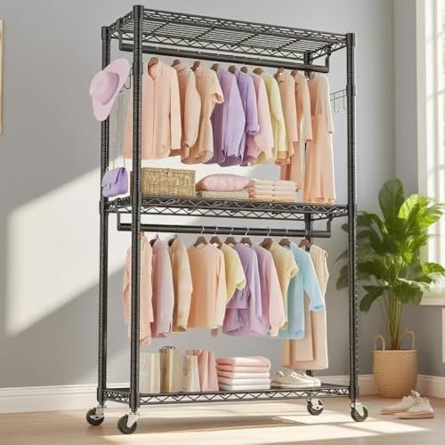 Qshare Clothing Rack with Wheels, 3 Tiers Clothes Rack For Hanging Clothes,Heavy Duty Rolling Garment Rack with Double Rods & 3 Wire Shelves, Garment Rack Free-Standing by Qshare - Image 5