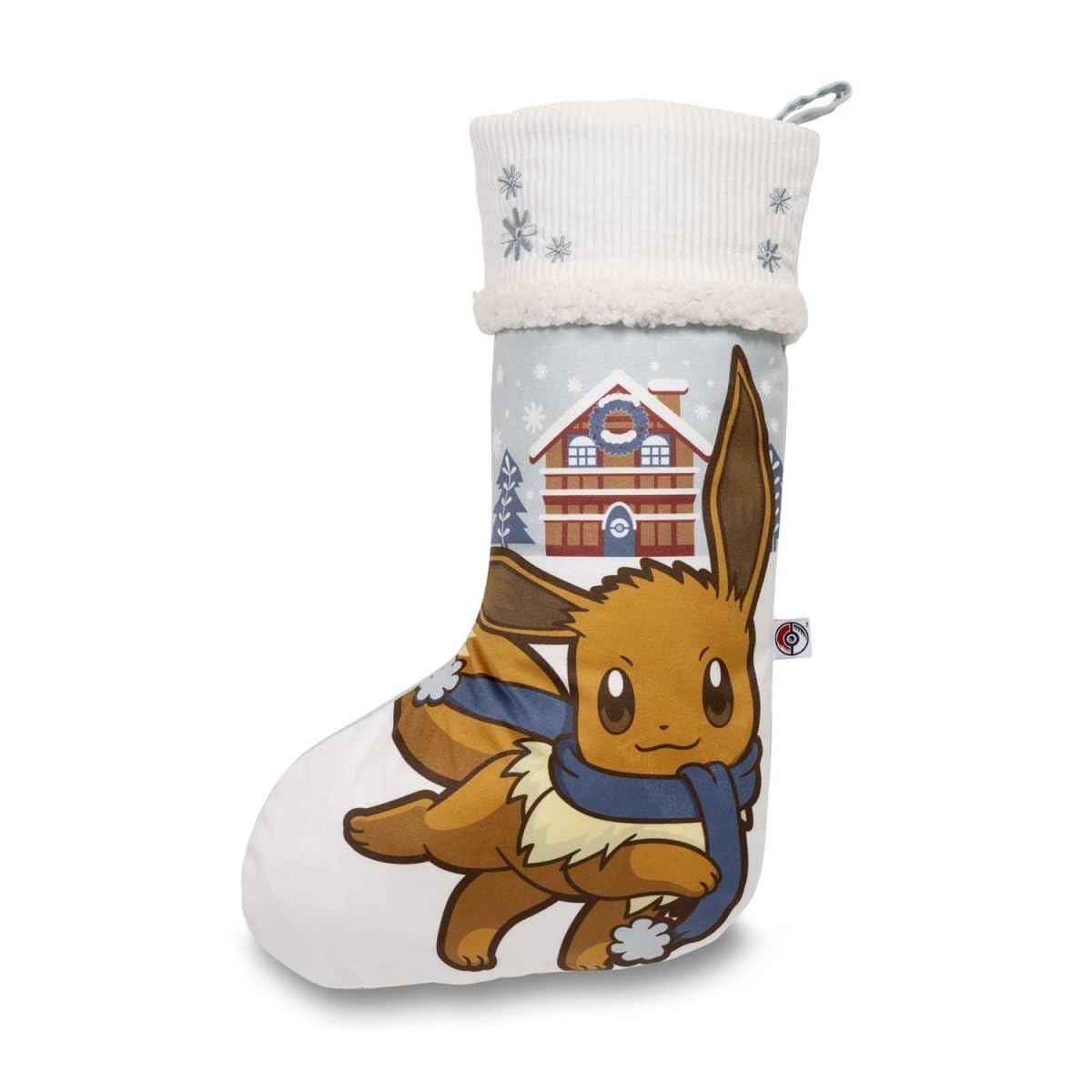 Chaussette de vacances Pokémon Évoli suspendue au salon pour une ambiance festive hivernale