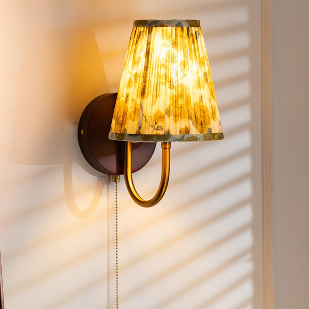 Gold Sconces Wall Lighting Rose Pattern Fabric Lampshade Traditional Wall Lamp, Wooden Bedside Wall Light With Pull Switch, Vintage Wall Light Fixtures for Bedroom Living Room Hallway Entryway